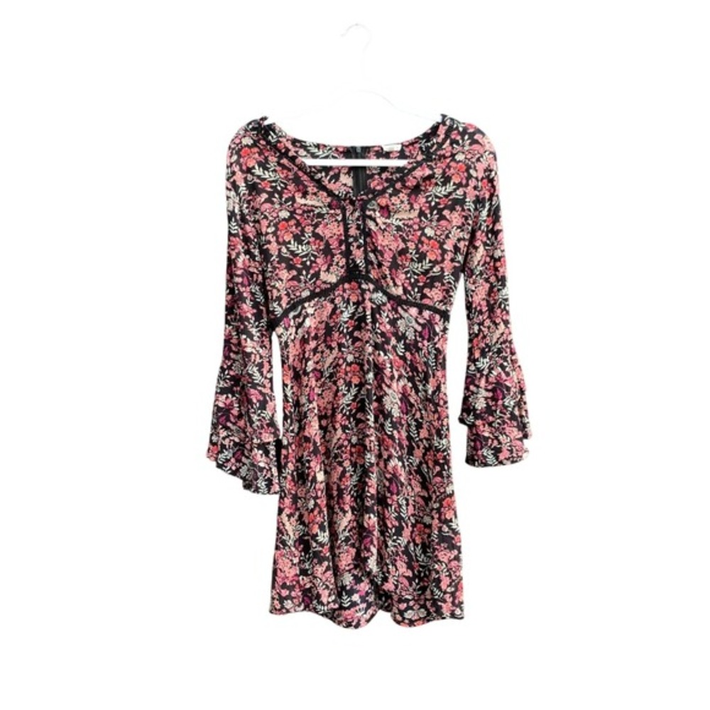 En Creme Floral Boho Mini Dress Small Black Rayon Bell Sleeve Tunic Peasant